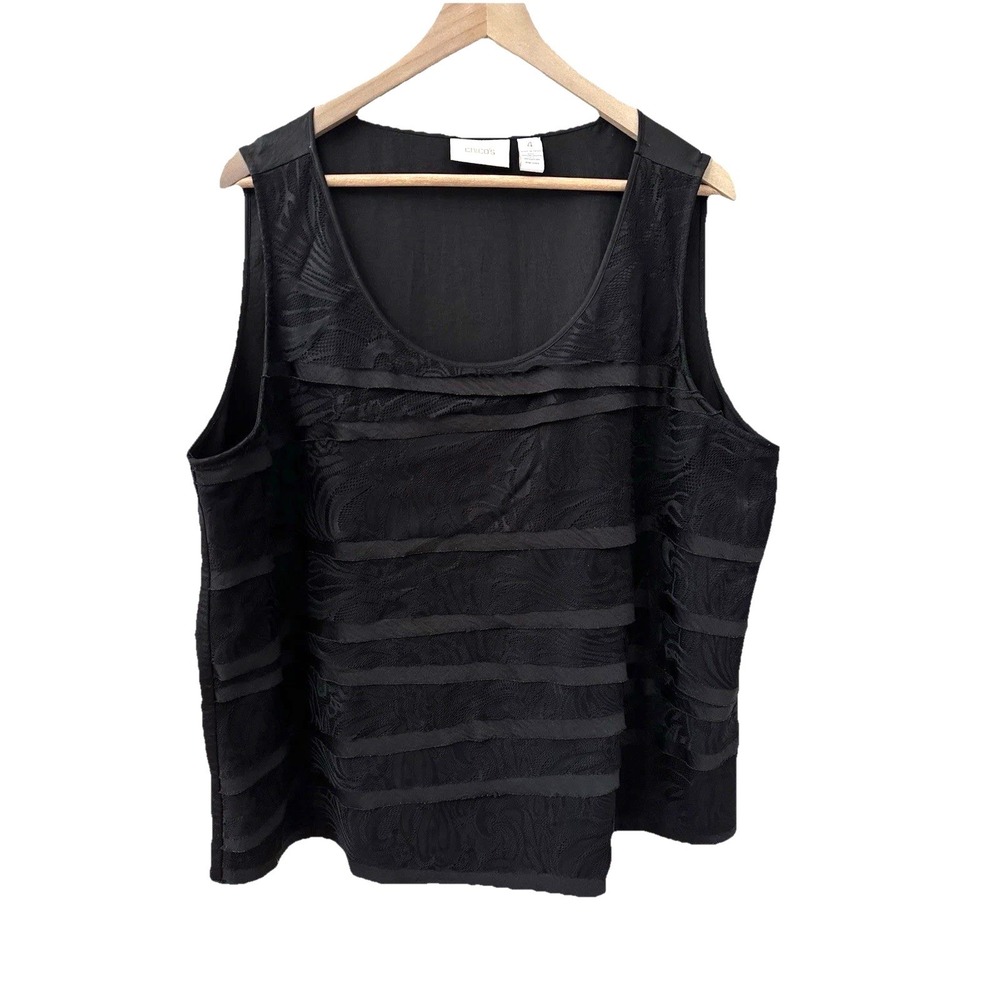 Chico's Tank Top Size 4 Black Tiered Floral Lace Sleeveless Scoop Neck Blouse